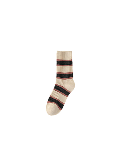 Ivory crew sock with dusty-pink and dark gray mixed stripes