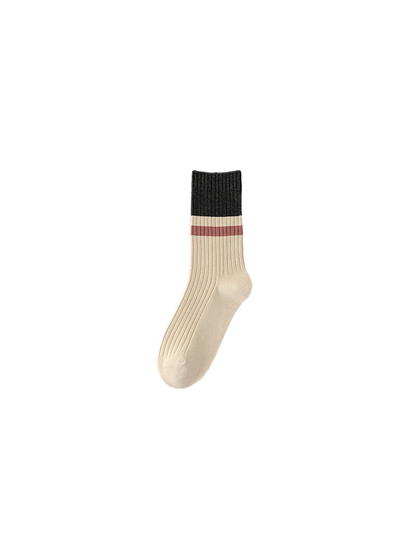 Ivory ribbed crew sock with dark gray cuff and narrow contrast bands