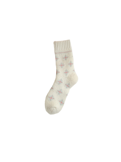 Ivory crew sock with scattered pink and blue cross-star motifs