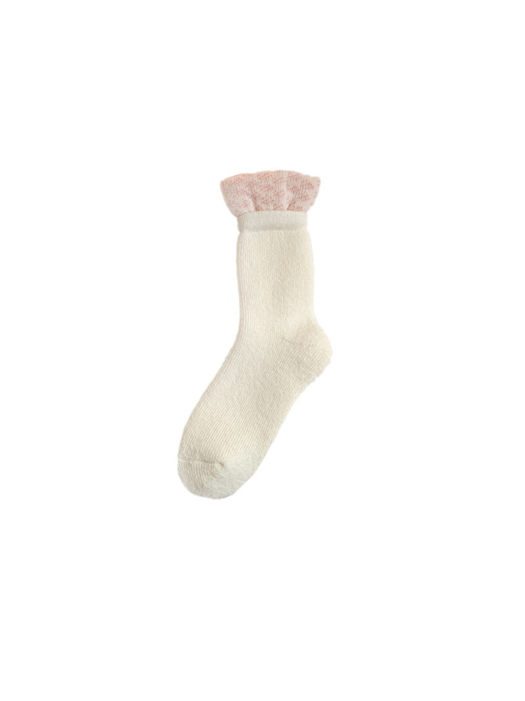 Ivory crew sock with a pink ruffled cuff, full view