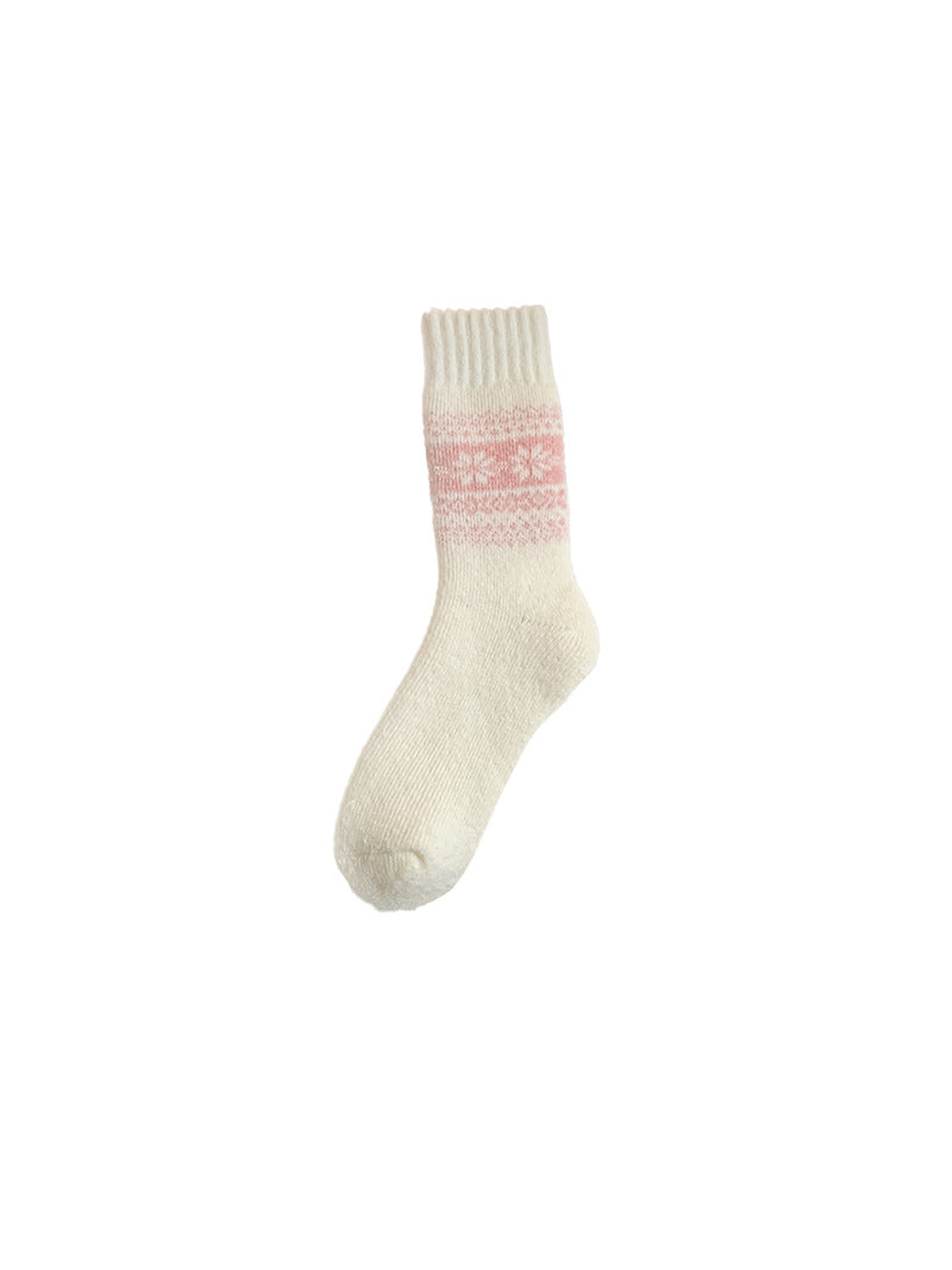 Ivory crew sock with a pink snowflake band, full view