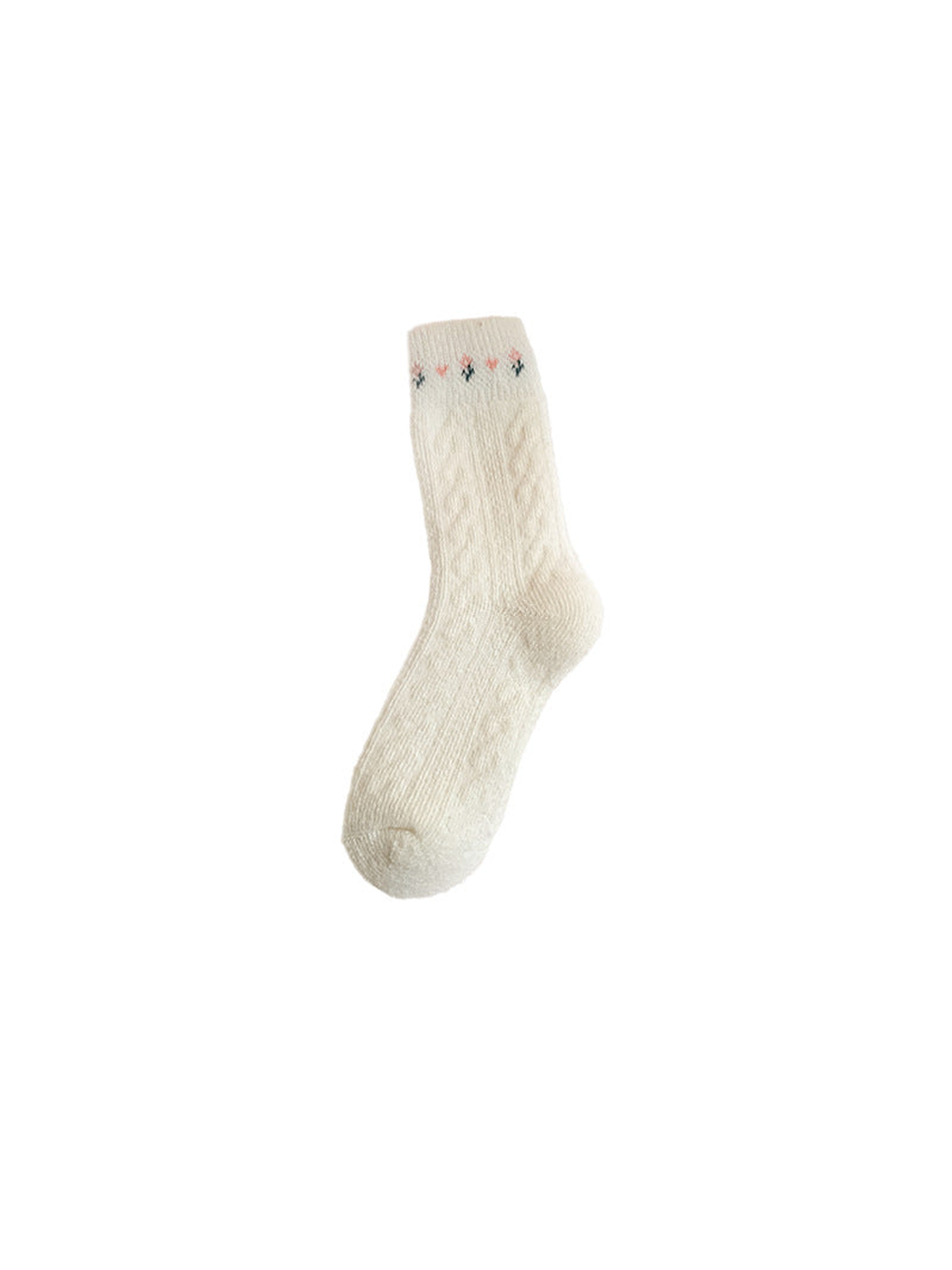 Ivory cable-textured crew sock with small cuff motifs, full view