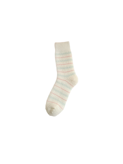 Ivory crew sock with mint bands and fine pink stripes, full view