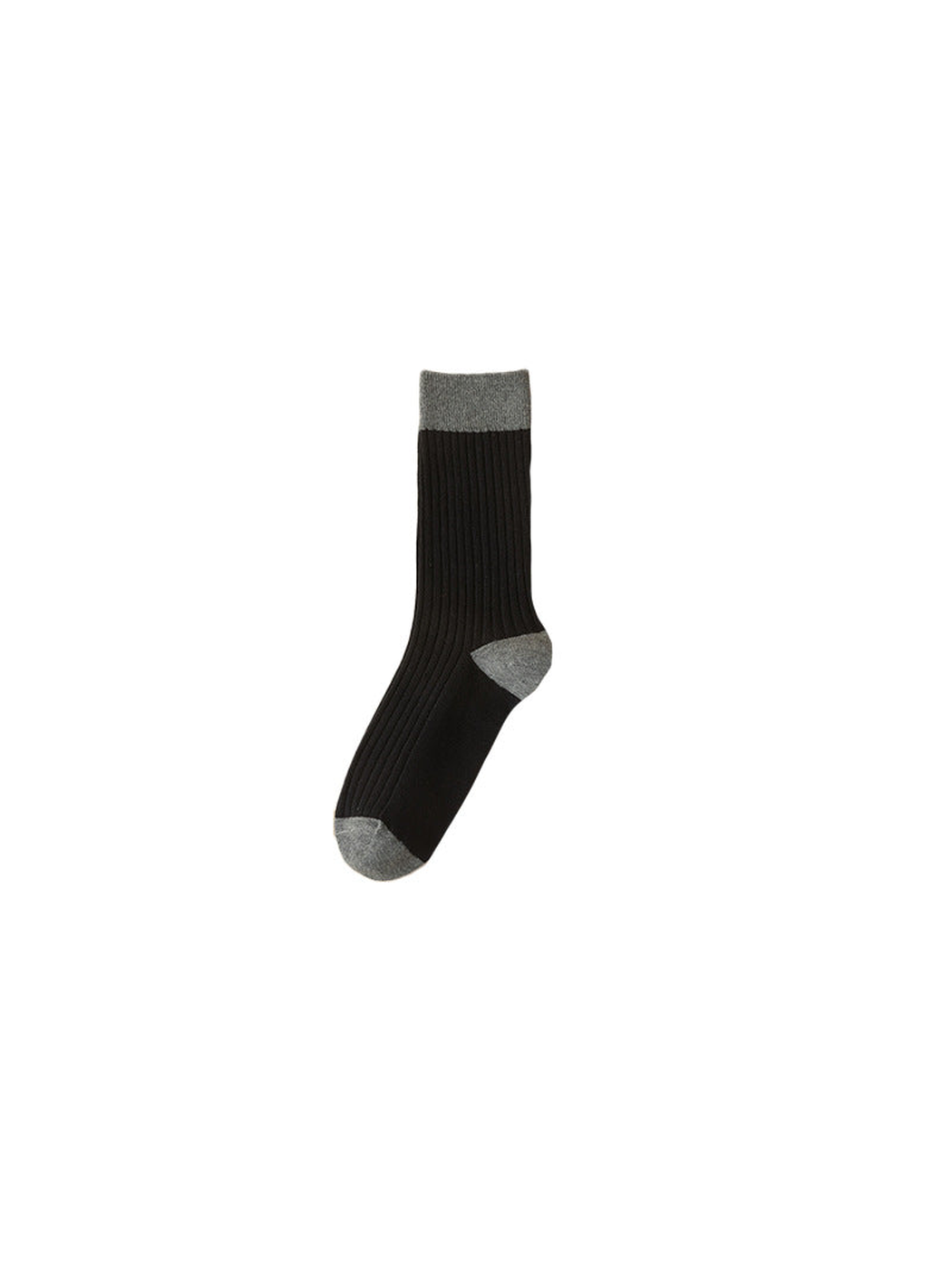 Black ribbed crew sock with gray cuff, heel, and toe