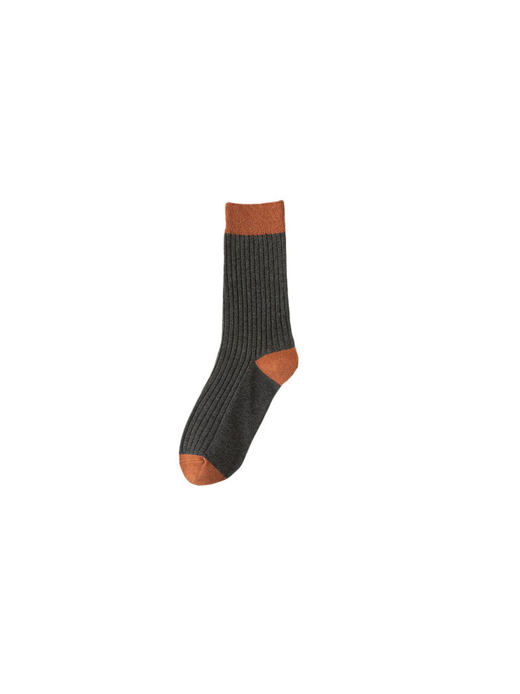 Charcoal gray ribbed crew sock with rust-colored accents