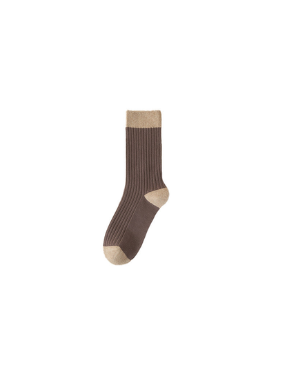 Light brown ribbed crew sock with beige accents