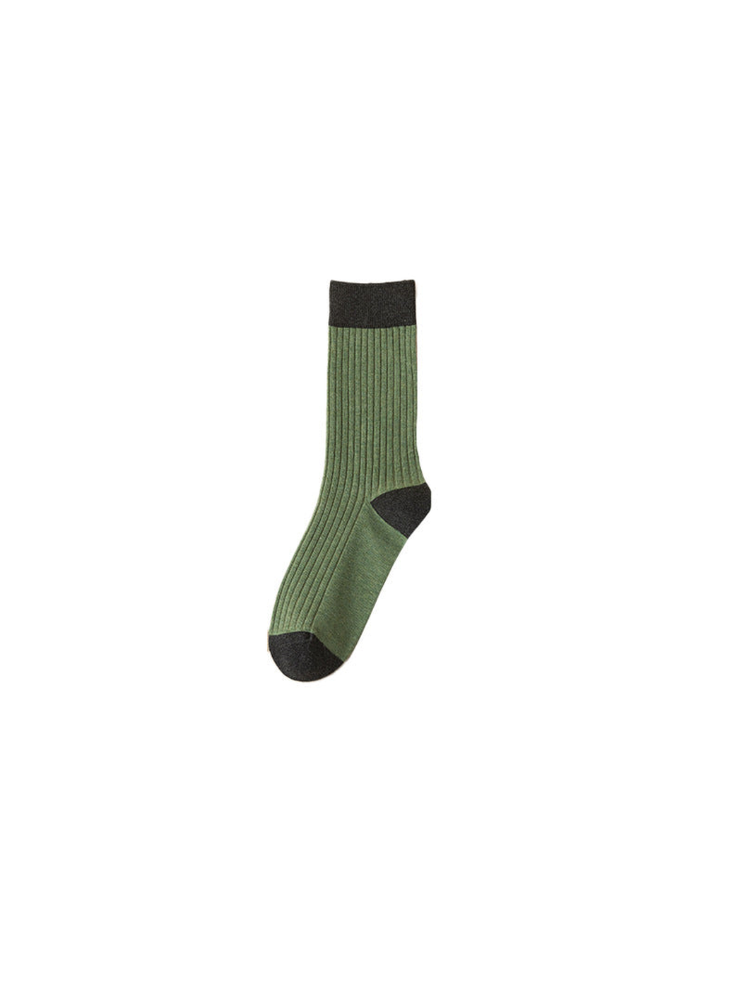 Green ribbed crew sock with dark cuff, heel, and toe