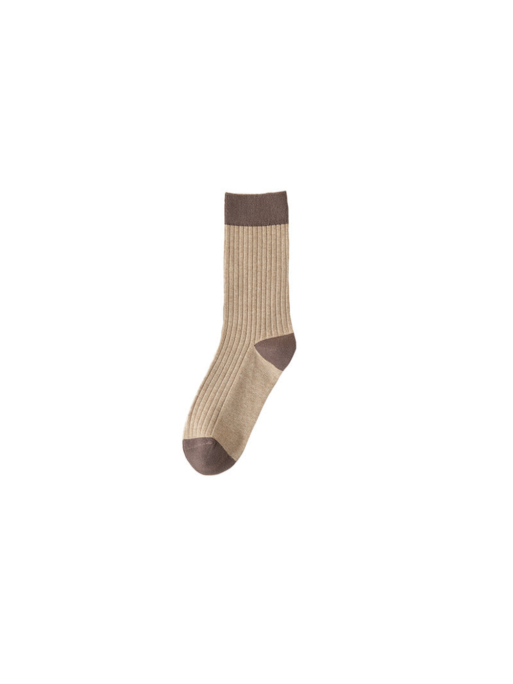 Beige ribbed crew sock with brown cuff, heel, and toe