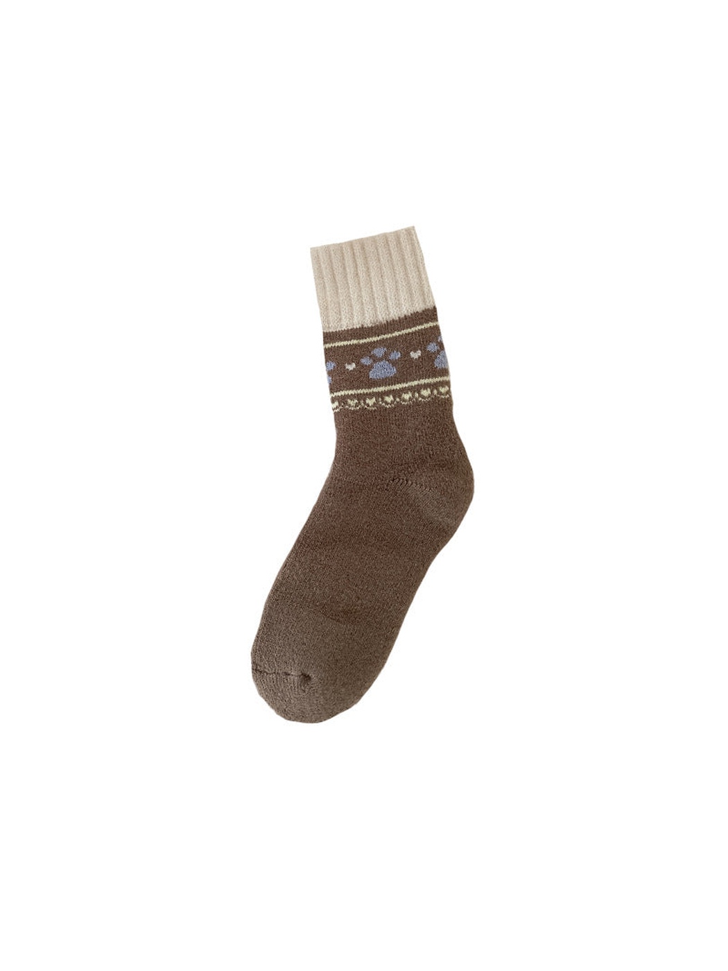 Brown crew sock with blue paw and heart motif and an ivory cuff