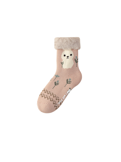 Dusty pink rabbit crew sock with a fuzzy fold-over cuff