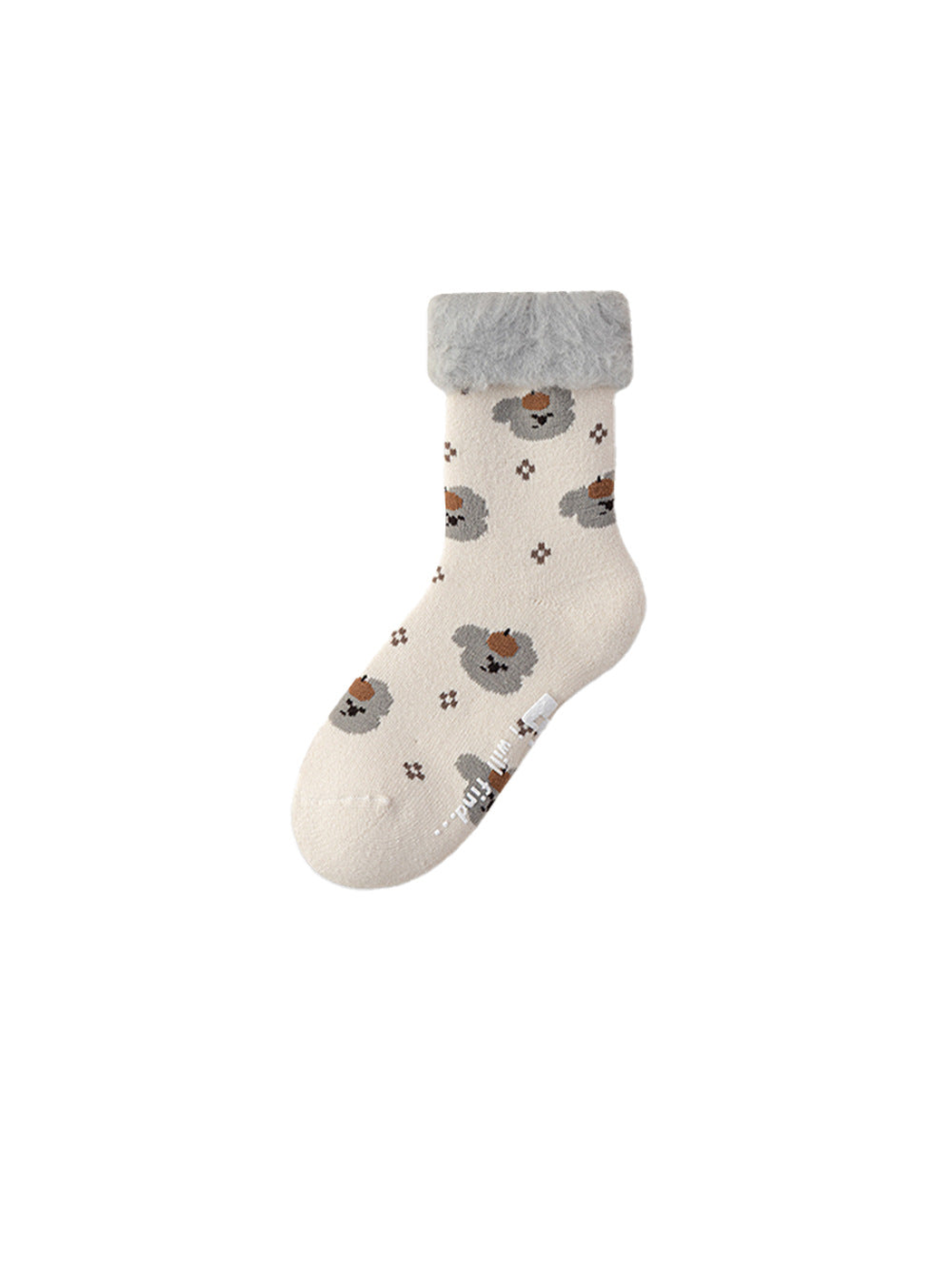 Ivory hedgehog crew sock with a gray fuzzy fold-over cuff