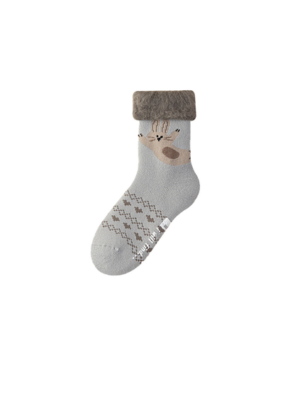 Light gray rabbit crew sock with a dark gray fuzzy fold-over cuff