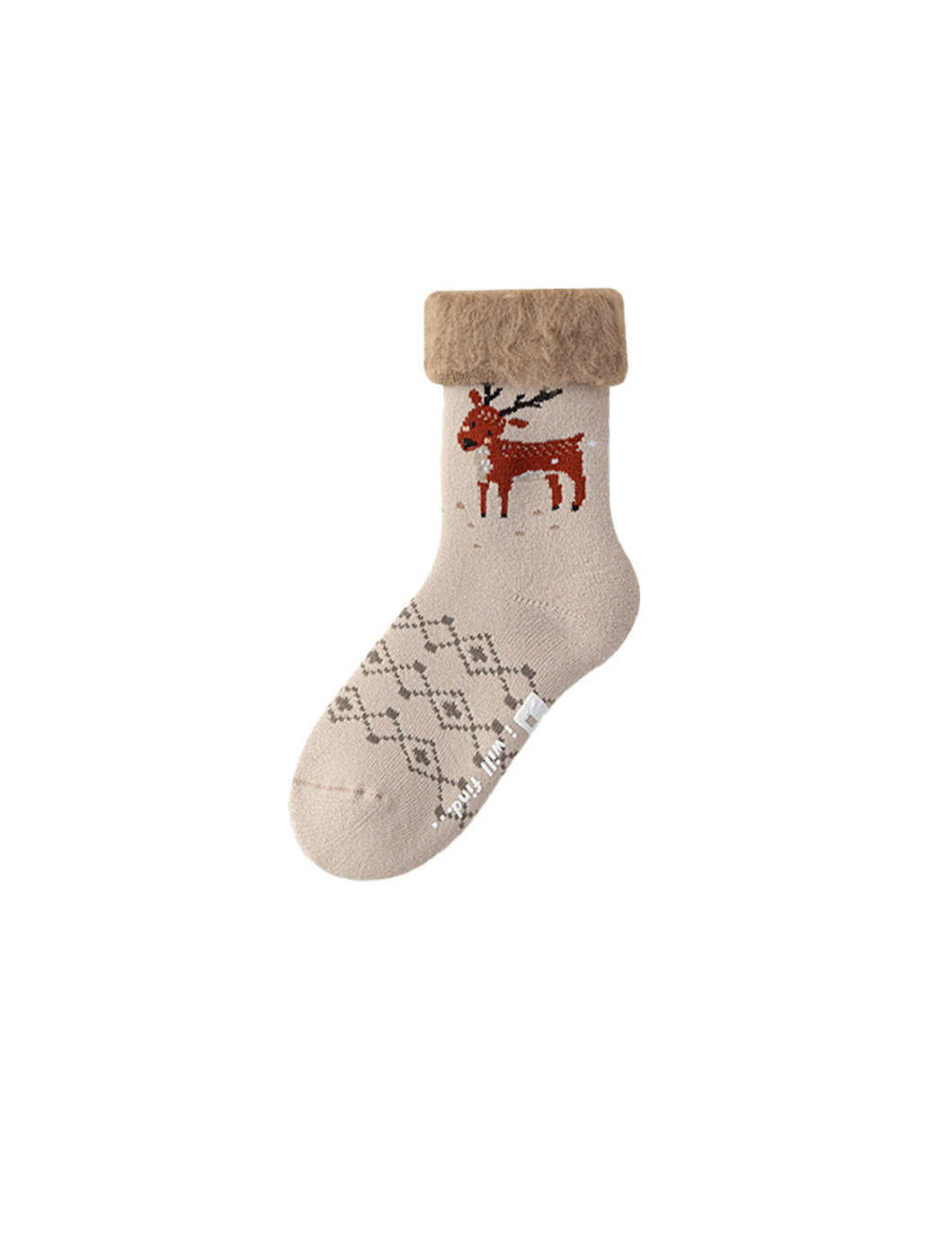 Beige reindeer crew sock with a brown fuzzy fold-over cuff
