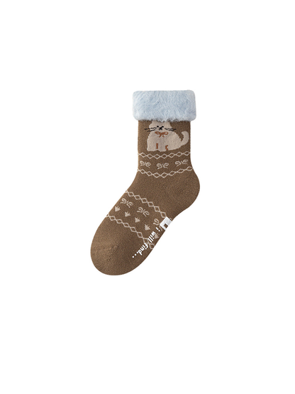 Coffee brown cat crew sock with a pale blue fuzzy fold-over cuff