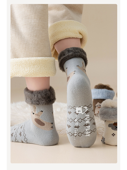 Light gray rabbit crew socks worn with one sole raised