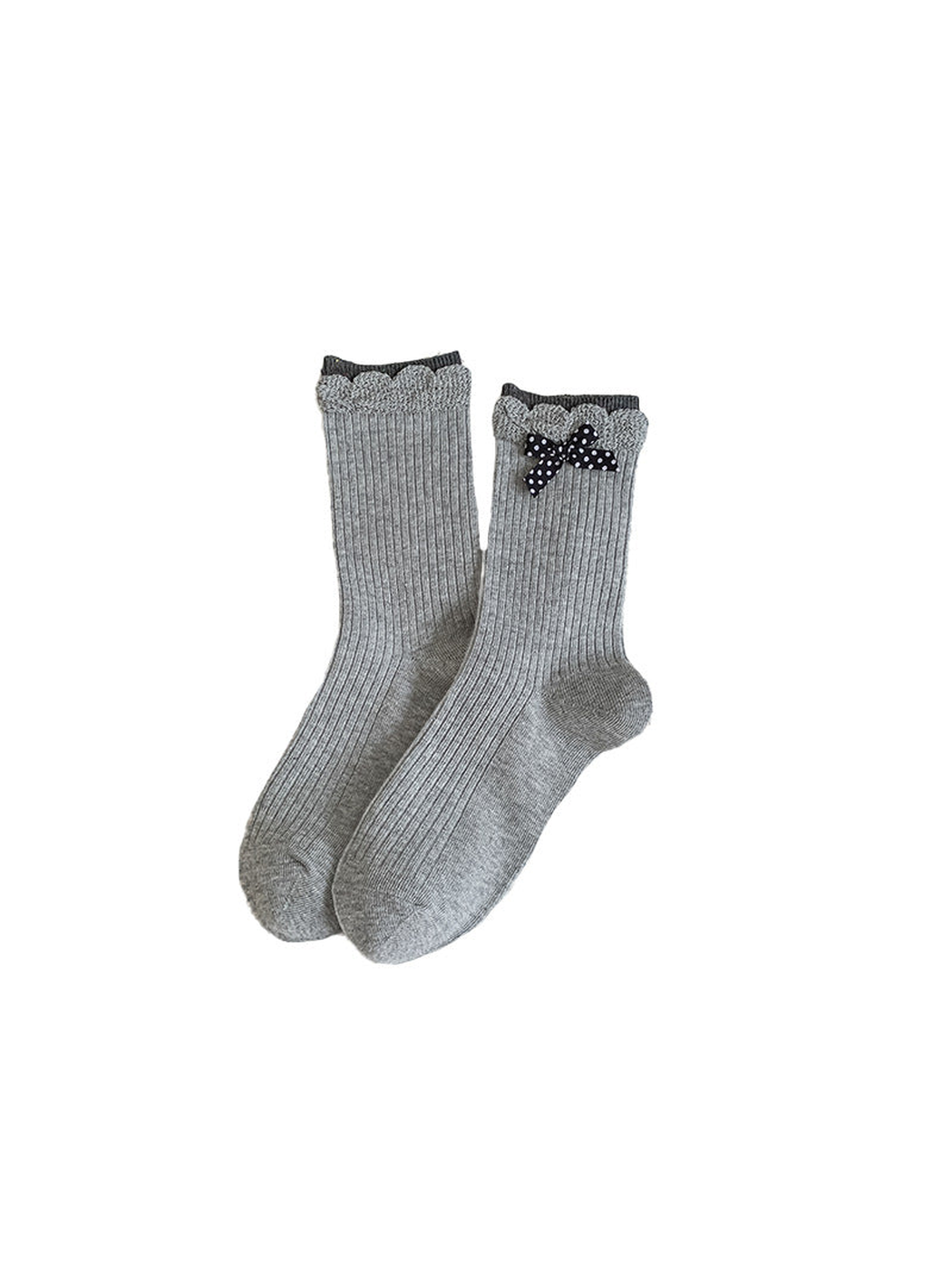 Gray ribbed crew socks with scalloped cuffs and a polka-dot bow