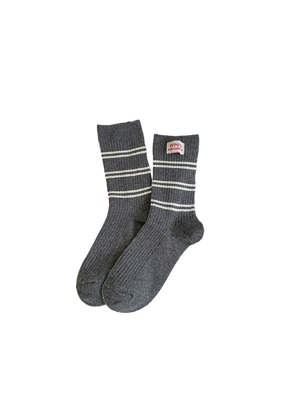Dark gray ribbed crew socks with narrow ivory stripes