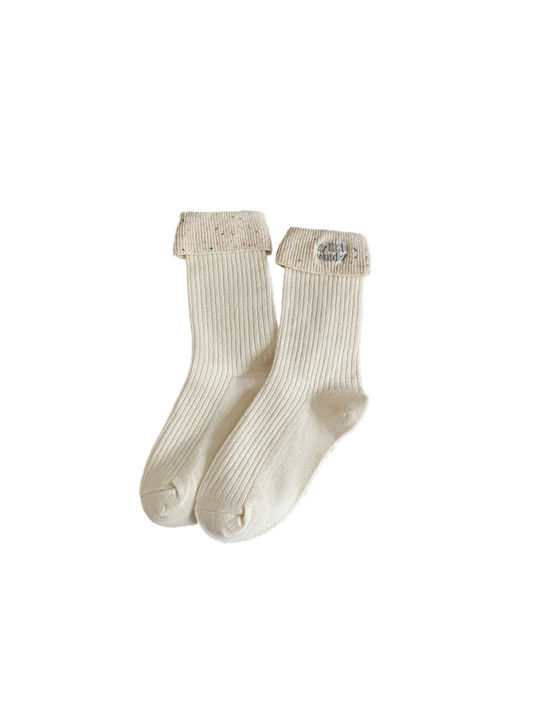 Ivory ribbed crew socks with flecked turned cuffs