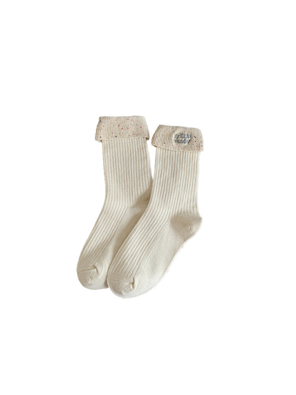 Ivory ribbed crew socks with flecked turned cuffs