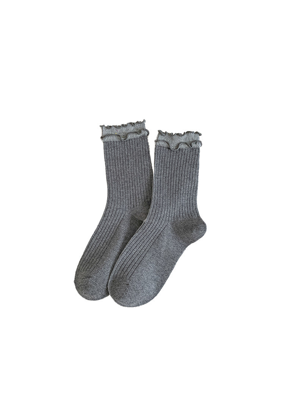 Dark gray ribbed crew socks with layered ruffled cuffs