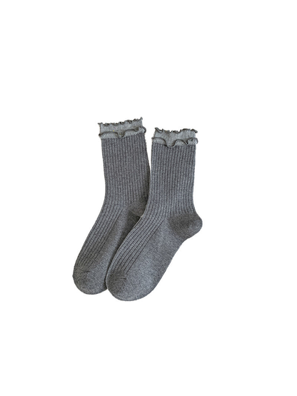 Dark gray ribbed crew socks with layered ruffled cuffs