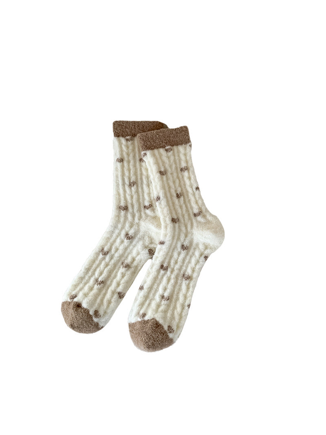 Ivory fuzzy crew socks with scattered brown heart motifs