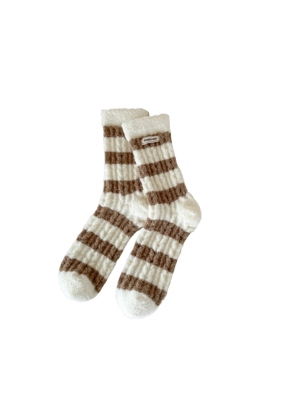 Ivory fuzzy crew socks with wide brown stripes and a small cuff label