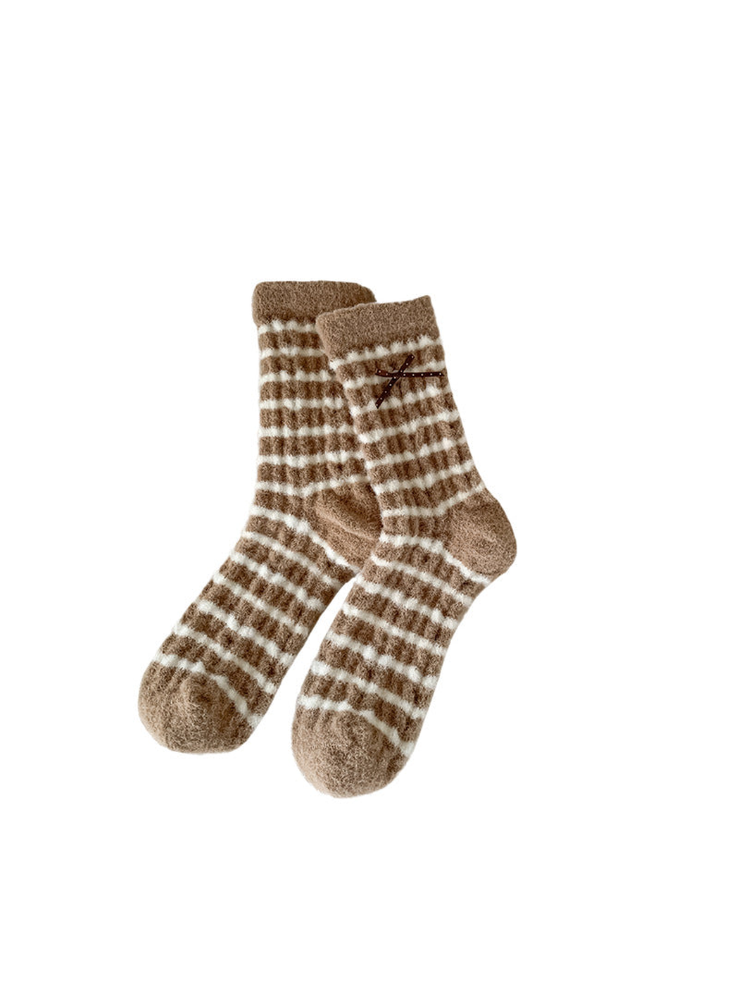 Brown and ivory narrow-striped fuzzy crew socks with a small bow