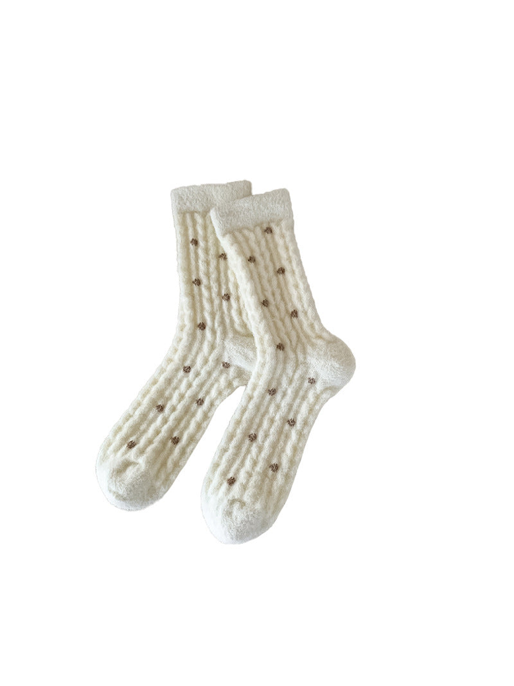 Ivory fuzzy crew socks with scattered brown dots