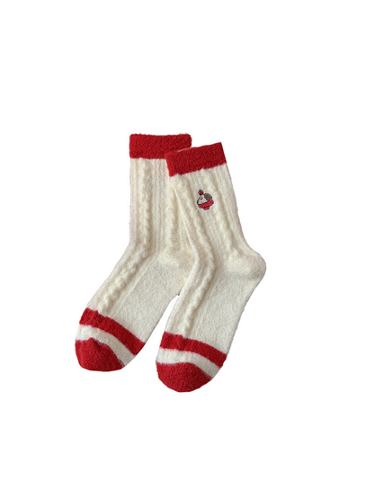 Ivory fuzzy crew socks with red trim and embroidered hat motif
