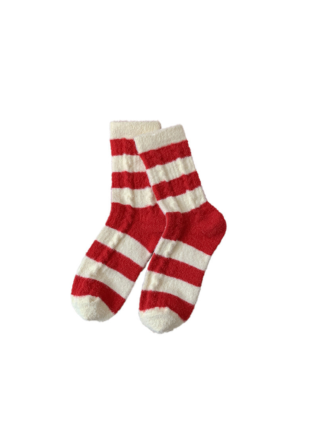 Red and ivory fuzzy crew socks with wide stripes