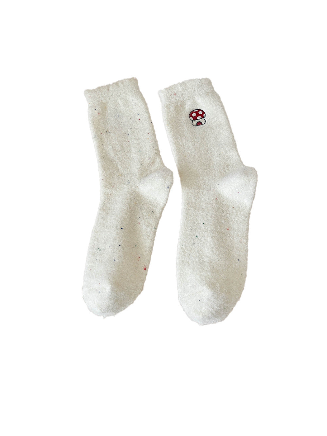 Ivory fuzzy crew socks with red mushroom embroidery