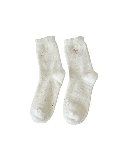 Ivory fuzzy crew socks with pink bow embroidery