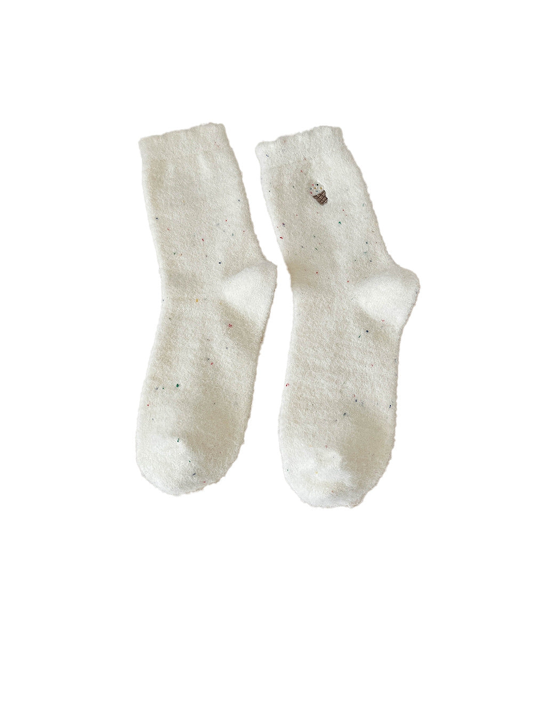 Ivory fuzzy crew socks with embroidered ice cream cone