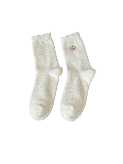 Ivory fuzzy crew socks with pink apple embroidery