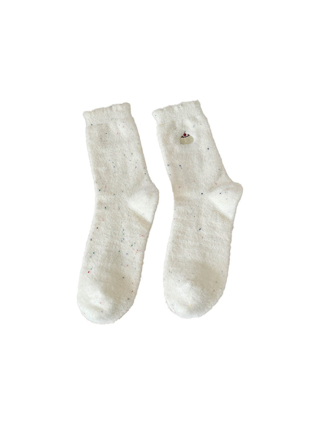 Ivory fuzzy crew socks with embroidered cupcake