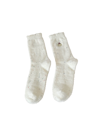 Ivory fuzzy crew socks with embroidered cupcake