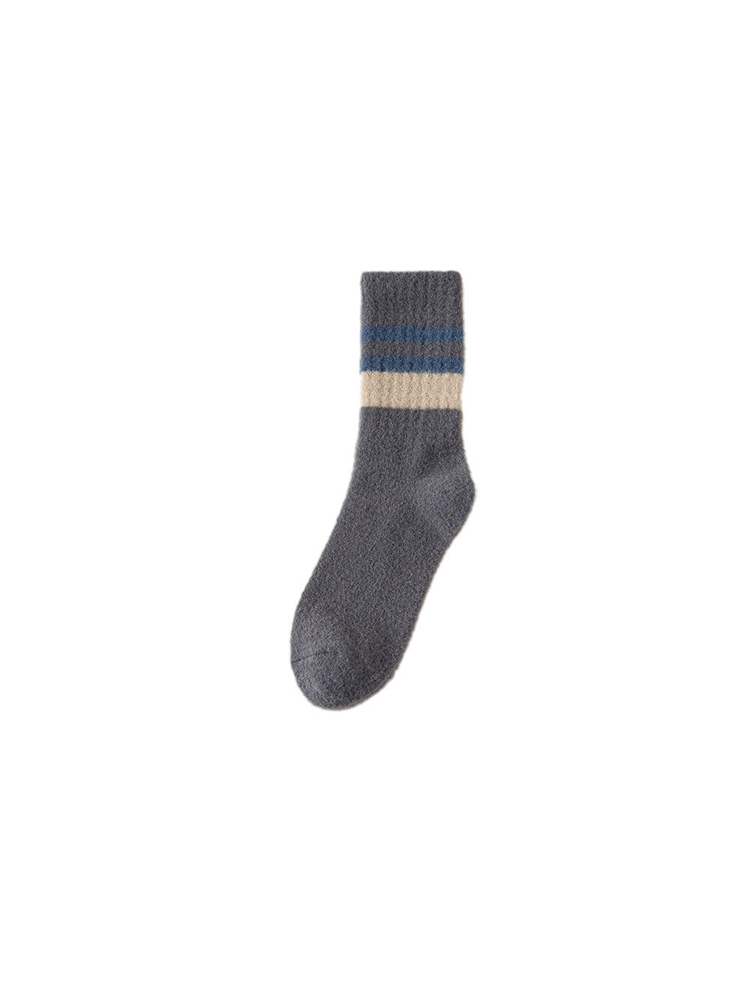 Dark gray fuzzy crew sock with blue and cream cuff stripes