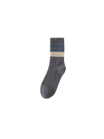 Dark gray fuzzy crew sock with blue and cream cuff stripes