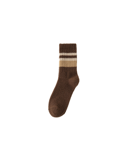 Dark brown fuzzy crew sock with cream and tan cuff stripes