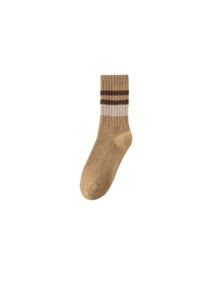 Camel fuzzy crew sock with brown and cream cuff stripes