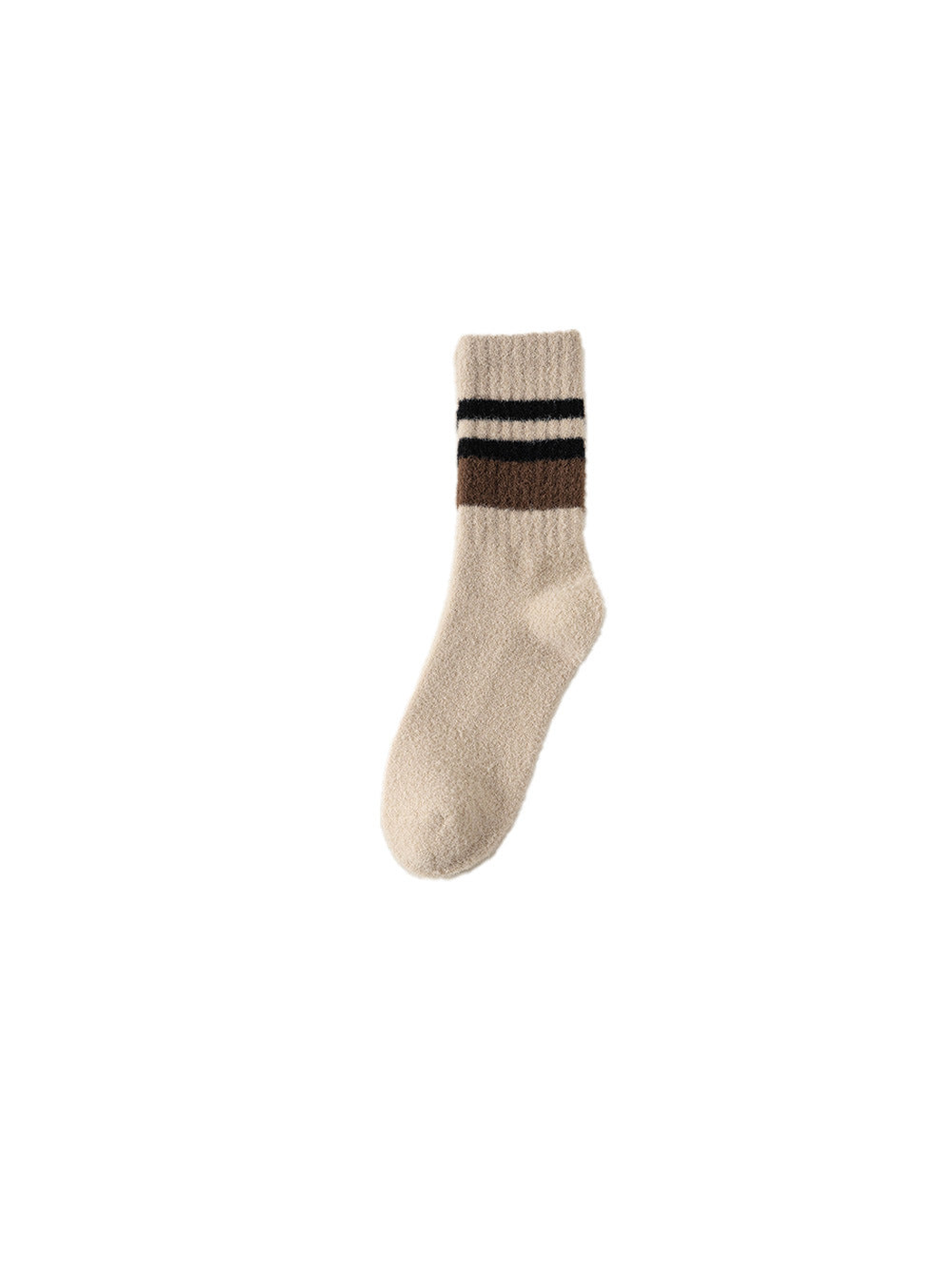 Light beige fuzzy crew sock with black and brown cuff stripes