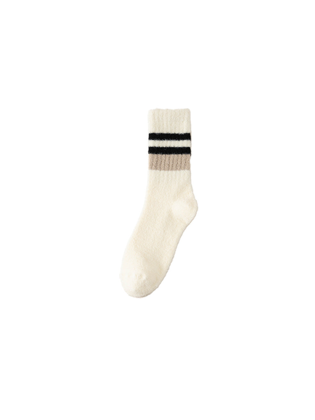Ivory fuzzy crew sock with black and beige cuff stripes