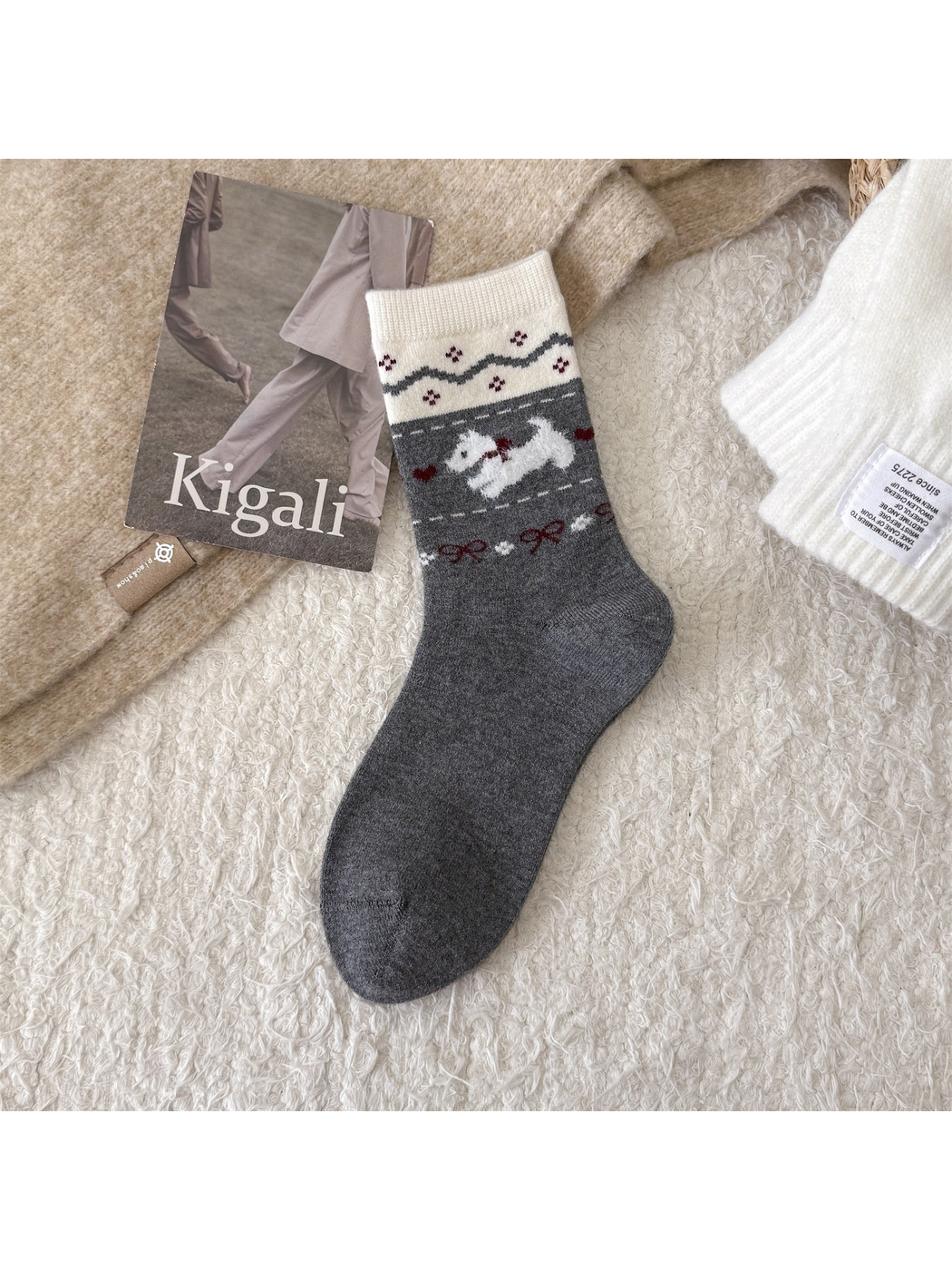 Dark gray crew sock with white dog, heart and bow motif