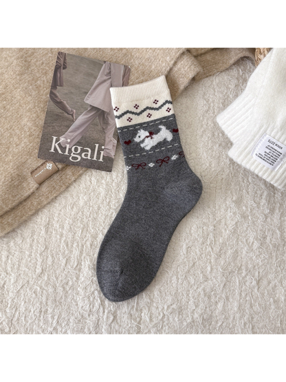 Dark gray crew sock with white dog, heart and bow motif