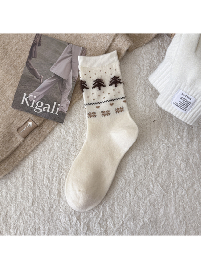 Ivory crew sock with brown trees and snowflake motif