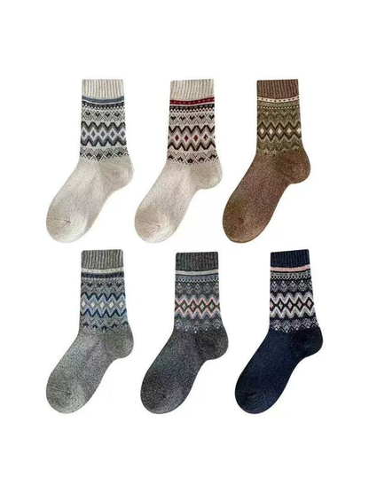 Six geometric crew sock colors displayed on a white background