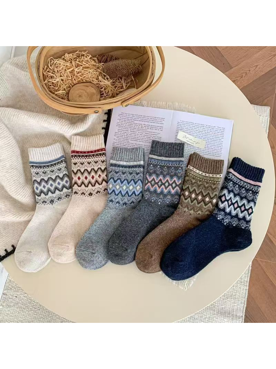 Six geometric crew sock colors arranged together on a table