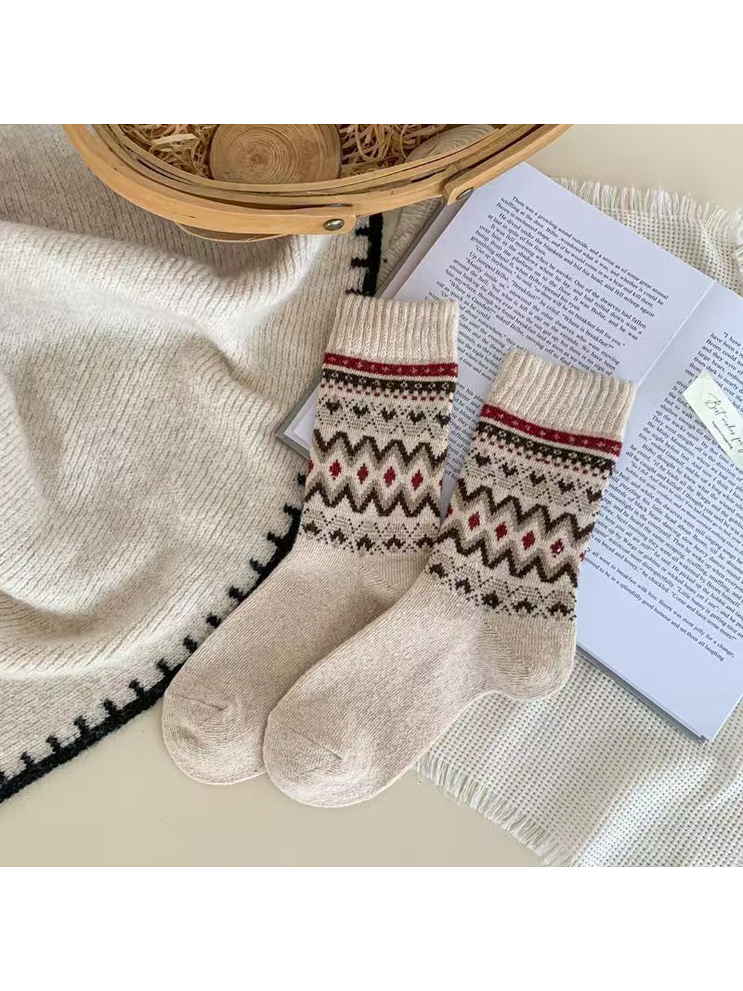 Beige geometric crew socks with red and brown accents