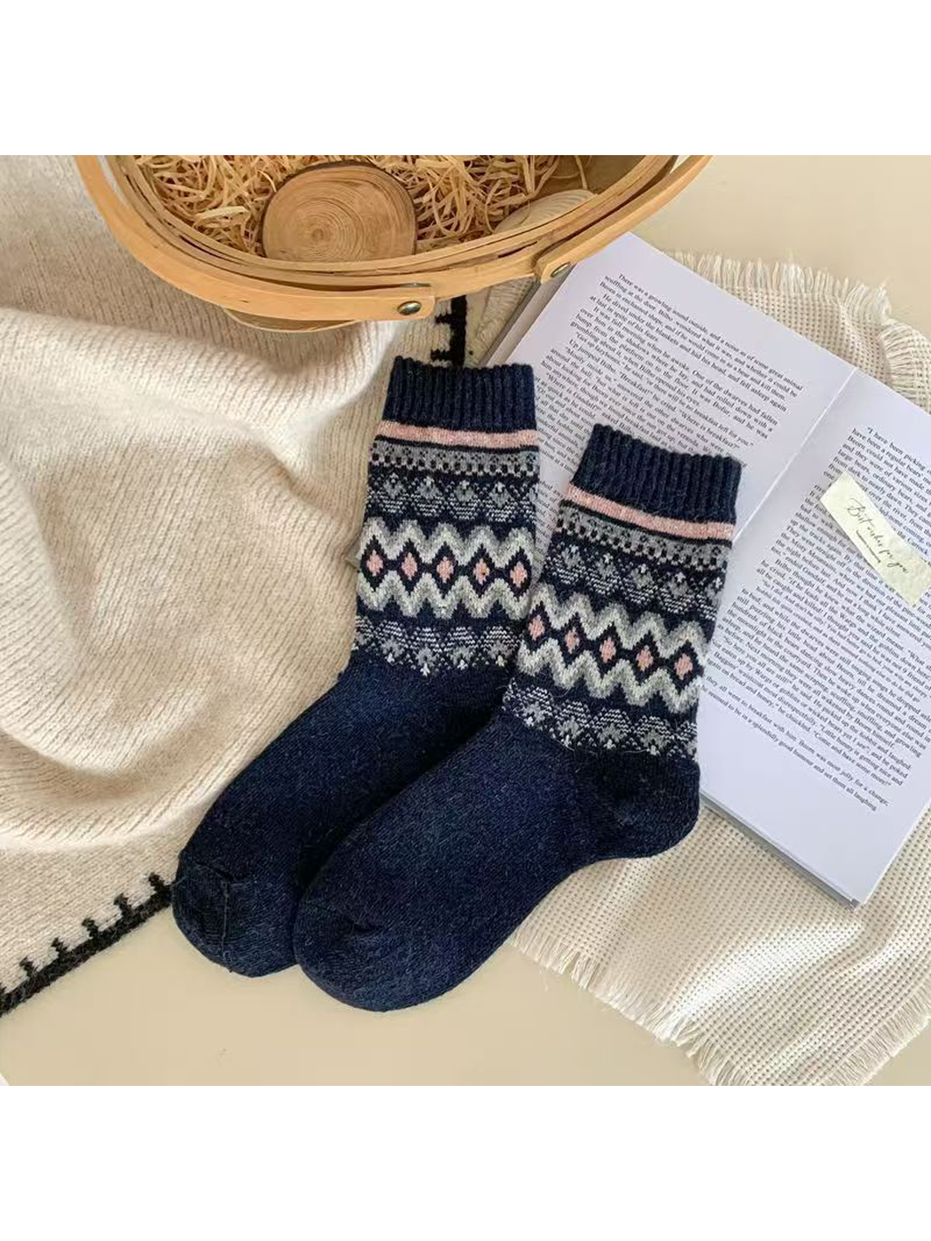 Navy geometric crew socks with ivory and pink accents